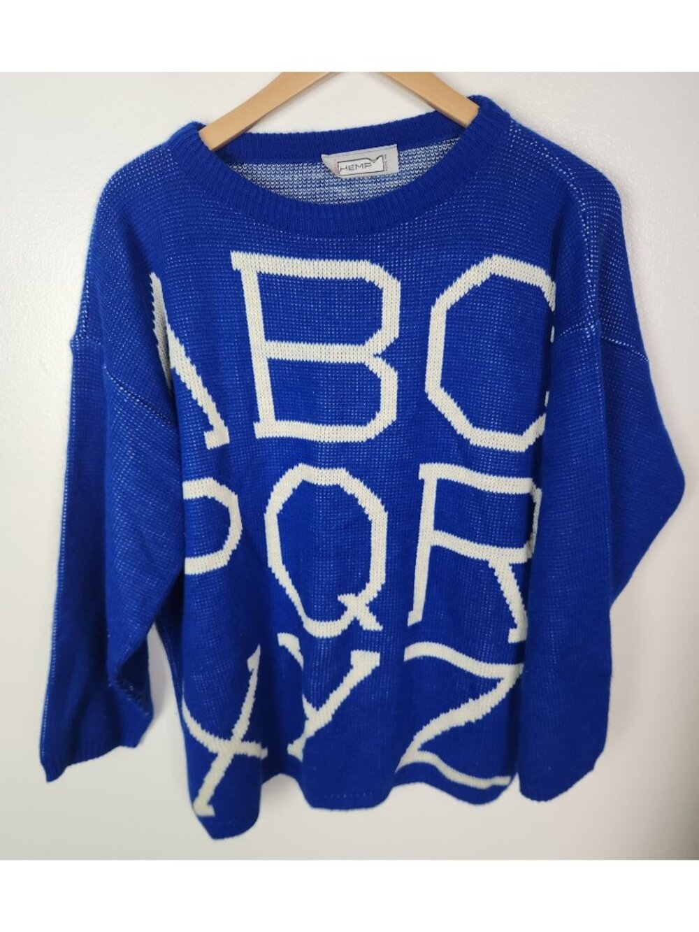 Vtg. Hemp Women's Sz. XL Blue & White ABC... Long Sleeve Sweater